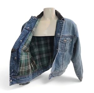 GAP Vintage Denim Trucker Jacket Size M Corduroy Collar Plaid Flannel Lined Rare